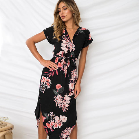 Lossky Women Dress Summer  Boho Beach Sexy Casual Loose Summer Printed Dress V-neck Short Sleeve Midi Dress Plus Size Dress