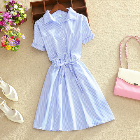 Elegant Office Summer Dress Shirt Elegant Blue Stripped Cotton Turn Down Collar Wear to Work Shirts Women Dresses #26