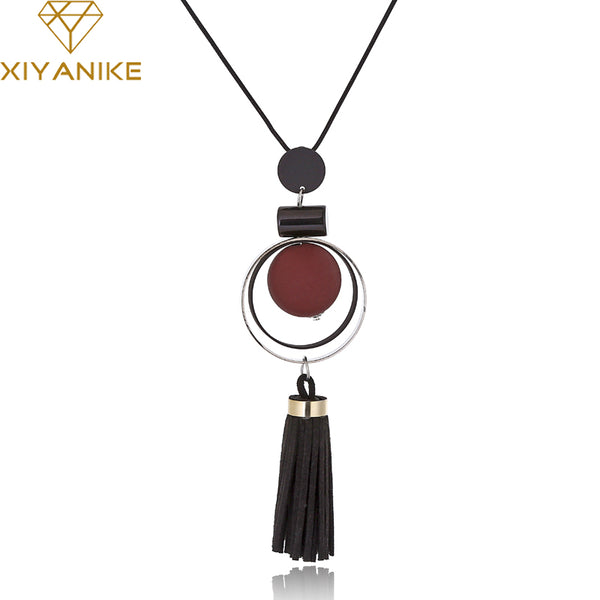 XIYANIKE New Fashion Jewelry Round Wood Beads Crystal Tassel Statement Necklaces & Pendants For Women Long Sweater Chain N894