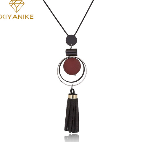 XIYANIKE New Fashion Jewelry Round Wood Beads Crystal Tassel Statement Necklaces & Pendants For Women Long Sweater Chain N894