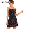 SHEIN Allover Cherry Print Cami Dress Women Spaghetti Strap Sleeveless Zipper Weekend Casual Dress Loose Short Dress