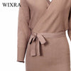 Wixra Autumn Winter Womens Fashion Sexy Cross V-Neck Mini Dresses Female Batwing Long Sleeve Sash Knitted Sweater Dress