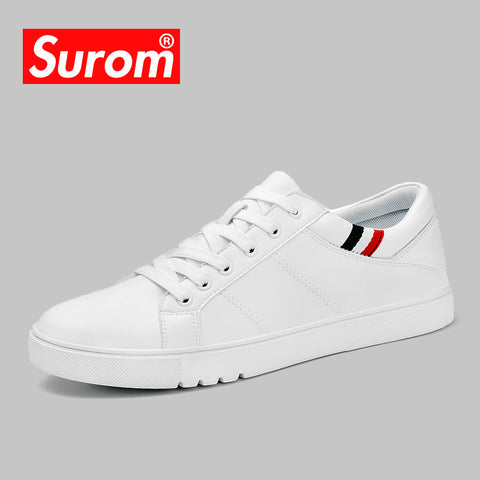 SUROM  Spring New Men Casual Shoes Breathable Wear Resistant Shoes Comfortable Summer White Round Toe Lace up Flat Snekaers