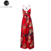 Lily Rosie Girl Red Floral Print Sexy Lace Up V Neck Women Maxi Dresses Summer Split Backless Beach Long Vestidos Boho Dress