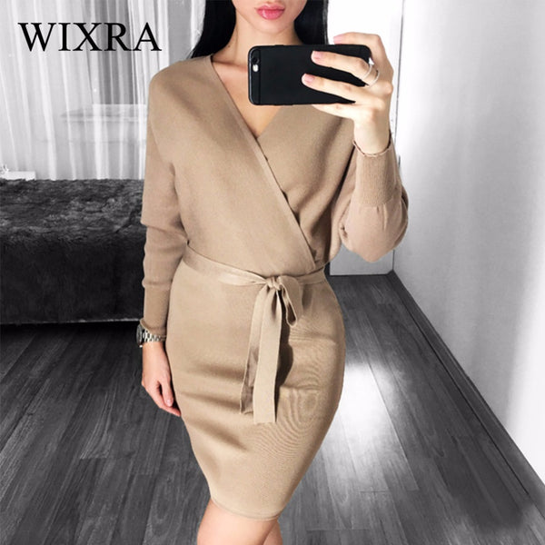 Wixra Autumn Winter Womens Fashion Sexy Cross V-Neck Mini Dresses Female Batwing Long Sleeve Sash Knitted Sweater Dress