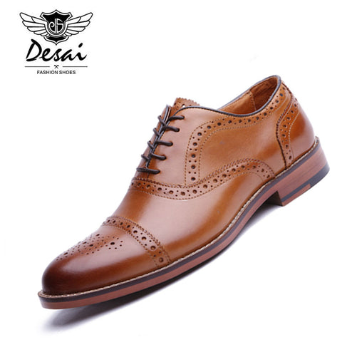 DESAI Brand Men Oxfords Shoes British Style Carved Genuine Leather Shoe Brown Brogue Shoes Lace-Up Bullock Business Men's Flats