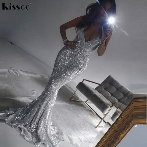 Sexy Stretch Silver Sequin Maxi Dress Hollow Out Floor Length Summer Party Dress Padded V Neck Backless Mermaid Dress