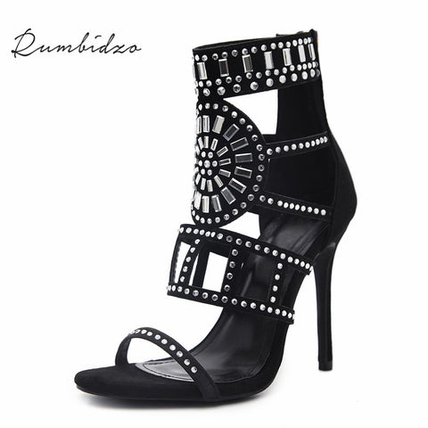 Rumbidzo Women Pumps Sping Summer Peep Toe High Heels Hollow Gladiator Thin Heel Rhinestone Crystal Party Shoes Woman