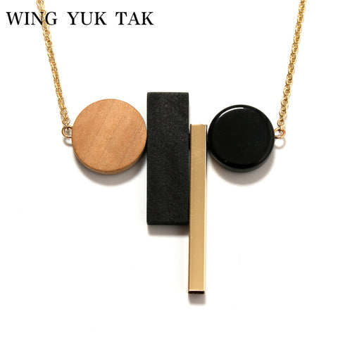 wing yuk tak Fashion Vintage Geometric Classic Black White Wood Necklaces Pendants For Women Minimalist Statement Jewelry