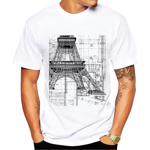 Eiffel Tower Engineering drawings tshirt men Classic white casual short sleeve T-shirt homme Church design Manuscript t shirt