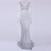 Sexy Stretch Silver Sequin Maxi Dress Hollow Out Floor Length Summer Party Dress Padded V Neck Backless Mermaid Dress