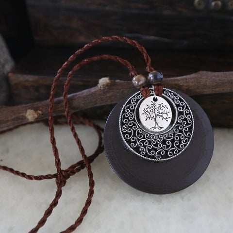 WEIYU Alloy Tree Of Life Wooden Pendant Necklace Maxi Necklace Jewelry Vintage Leaf Wood Fashion Long Necklace Ceramics Beads