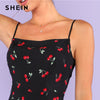 SHEIN Allover Cherry Print Cami Dress Women Spaghetti Strap Sleeveless Zipper Weekend Casual Dress Loose Short Dress