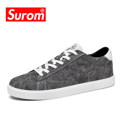 SUROM Brand New Men's Casual Shoes  Retro Style Platform Sneakers Men Leather Shoes Black Color Lace up Flats Shoe For Boys