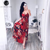 Lily Rosie Girl Red Floral Print Sexy Lace Up V Neck Women Maxi Dresses Summer Split Backless Beach Long Vestidos Boho Dress