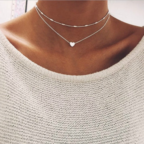 New Silver Gold Color Jewelry Love Heart Necklaces & Pendants Double Chain Choker Necklace Collar Women Statement Jewelry Bijoux