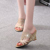 Rhinestone Women Wedges Sandals Elegant Sexy Open Toe Woman Sandels Shoes Cut Out Heel Flowers Ladies Party Wedding Shoes