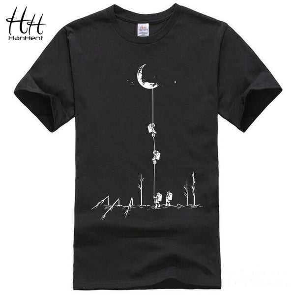 HanHent Funny T shirts Men Summer Fashion Climb To The Moon Printed Tshirt Casual Short Sleeve O-neck T-shirt Cotton Tops Tees