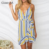 Gaovot  Summer Women Boho Beach Mini Dress Deep V Neck Spaghetti Strap Backless Ruffles Sexy Lace Up Dresses Vestidos S-XL