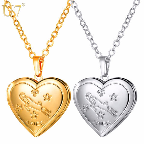 U7 Locket Necklaces 12 Constellations/Zodiac Heart Pendant & Chain Mother's Day Gift Men/Women Jewelry Necklace P1158