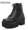 PXELENA Punk Gothic women Ankle Boots Lace up Chunky Block Square High Heel platform Creeper round toe Fashion Ankle Boots shoes