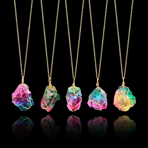 Rainbow Natural Stone Pendant Necklace Fashion Crystal Chakra Rock Necklace Gold Color Chain Quartz Long Necklace For Women Gift