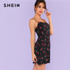 SHEIN Allover Cherry Print Cami Dress Women Spaghetti Strap Sleeveless Zipper Weekend Casual Dress Loose Short Dress