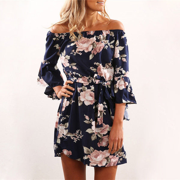 Women Dress Summer Sexy Off Shoulder Floral Print Chiffon Dress Boho Style Short Party Beach Dresses Vestidos de fiesta