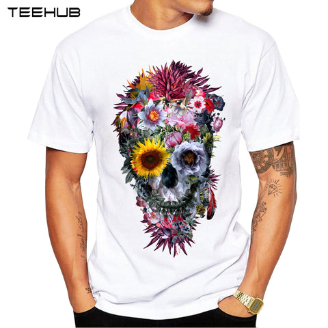 Men T Shirts Fashion Voodoo Skull Design Short Sleeve Casual Tops Hipster Flower Skull Printed T-Shirt Cool Tee
