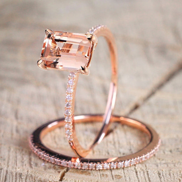 Luxury Rose Gold Square Crystal Zircon Engagement Ring 2 Pcs/set Bridal Wedding Band Rings #268739