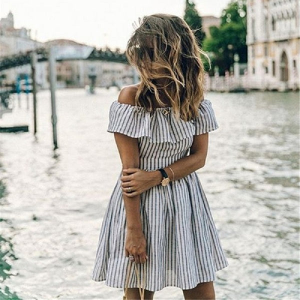 Summer Dress Women Striped Off Shoulder Dress Sexy Club Beach Bandage Casual Mini Party Dresses Vestidos