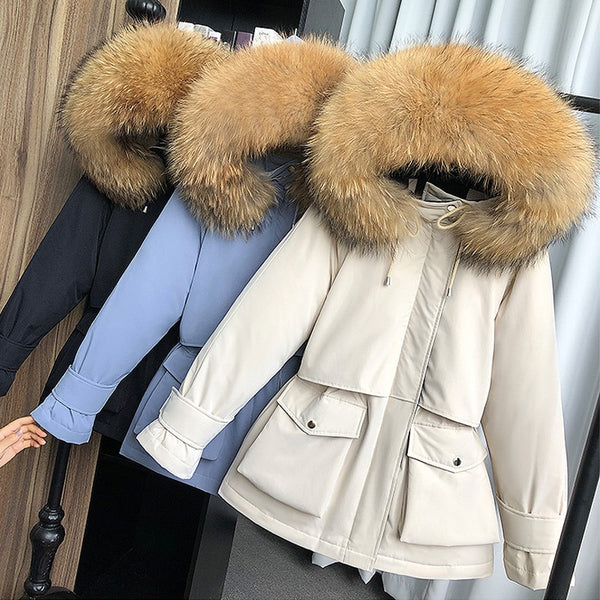 Large Natural Raccoon Fox Fur Hooded Winter Down Coat Women 90% White Duck Down Jacket Thick Warm Parkas Female Outerwear