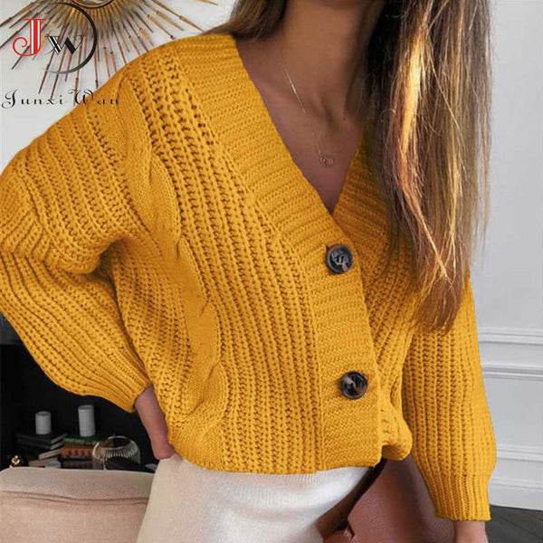 Women Short Cardigan Knitted Sweater Autumn Winter Long Sleeve V neck Jumper Cardigans Casual Streetwear