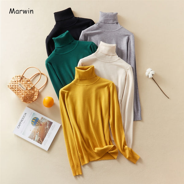 Marwin New-Coming Autumn Winter Tops Solid Turn-Down Collar Pullovers Female Thick Turtleneck Knitted High Street  Women