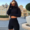 Hugcitar long sleeve zipper high neck elastic sexy crop tops shorts 2-pieces 2021 summer autumn women fashion casual sports sets