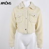 Aproms Elegant Solid Color Cropped Teddy Jacket Women Front Pockets Thick Warm Coat Jackets Female