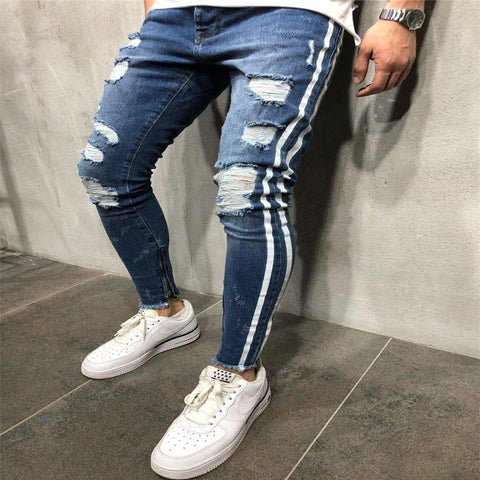 Skinny Jeans Biker Destroyed Frayed Fit Denim Ripped Denim Pants Side Stripe Pencil Pants Streetwear